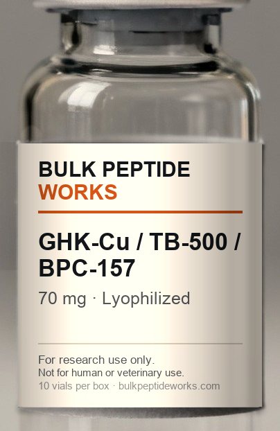 Vial of Blend: GHK-Cu 50 mg + TB-500 10 mg + BPC-157 10 mg, labelled with the available strengths