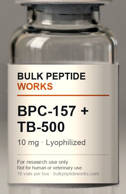 Vial of BPC-157 5 mg + TB-500 5 mg blend, labelled with the available strengths