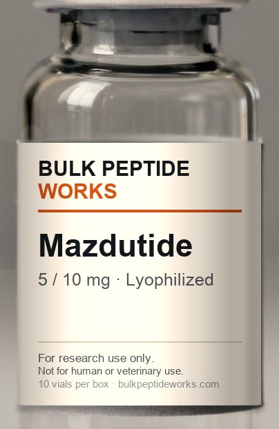 Vial of Mazdutide, labelled with the available strengths